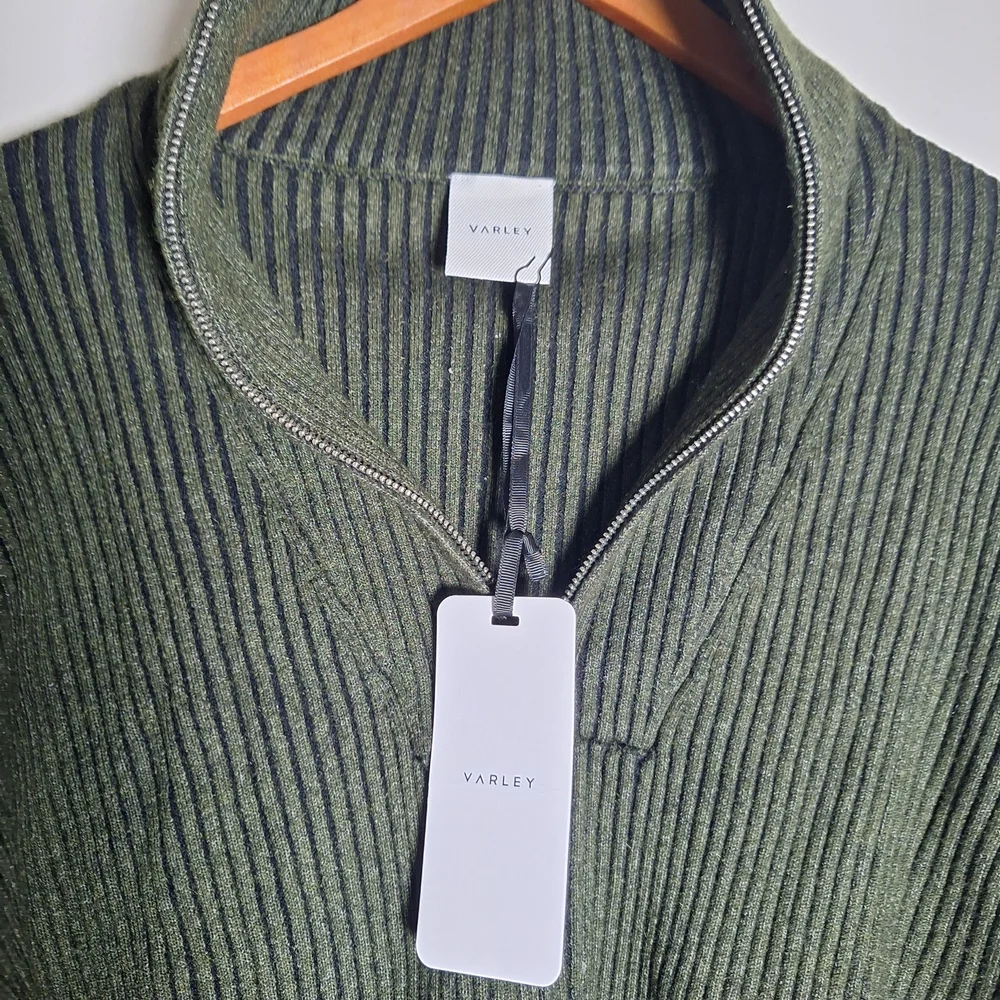 NWT Varley Olive Ribbed Zip Through Rib Knit Sweater Preppy Athleisure Size L